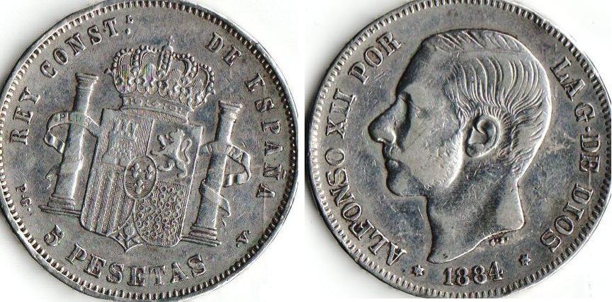 Zdjęcie 1 Niezidentyfikowana moneta: 5 pesetas de 1884 con las iniciales PG V